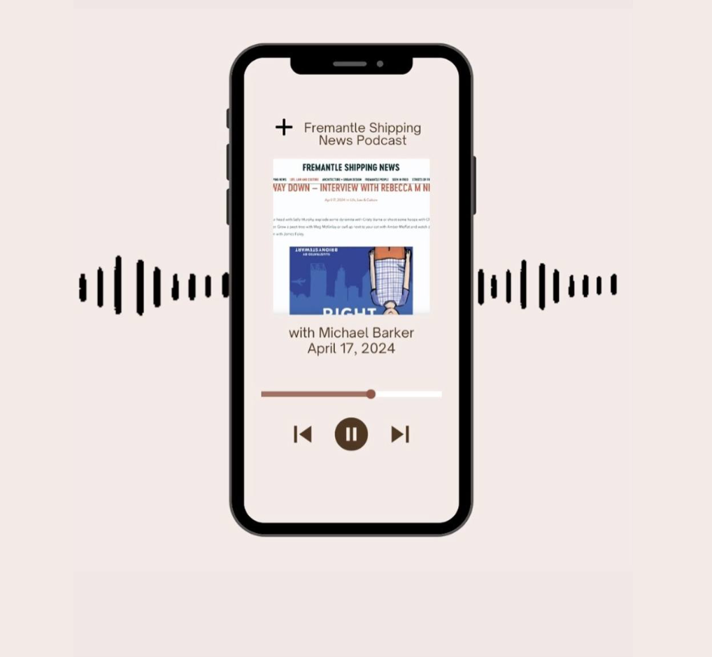 A mobile phone with its screen showing a preview of the Fremantle Shipping News Podcast.