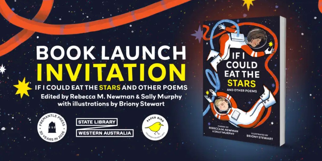 A banner announcing the book launch of If I Could Eat the Stars and Other Poems.